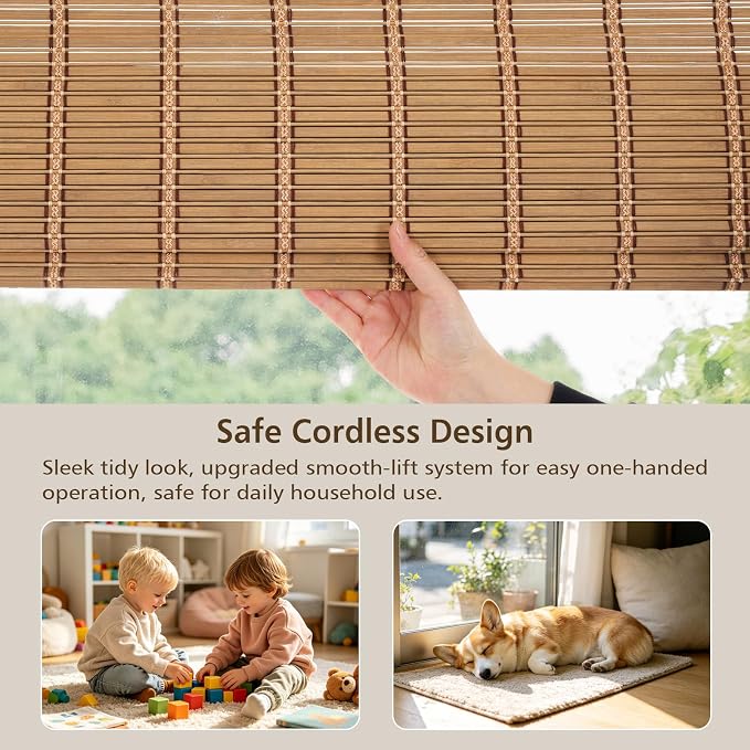 Cordless Bamboo Roman Shade, 28" W x 64" H, Natural Caramel Brown | Room Darkening Woven Wood Shades, Bamboo Window Shades for Living Room Bedroom Kitchen Doors, Easy to Install