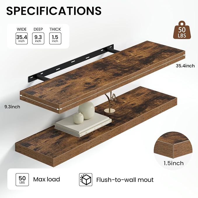 Floating Shelves for Wall 36 Inches Long,9.3" Deep Rustic Brown Floating Shelf Set of 2,Wall Mounted Shelves for Bathroom Bedroom Living Room Kitchen Office,Shelf for Books Storage,Home Decor