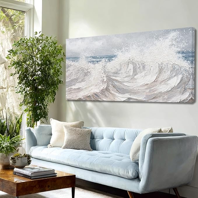 ZUNARE Abstract Ocean Wave Wall Art Blue Sea Canvas Painting with Gray Sky and Textured White Brown Waves, Moody Seascape Artwork for Living Room Bedroom Kitchen Office 24"x48"