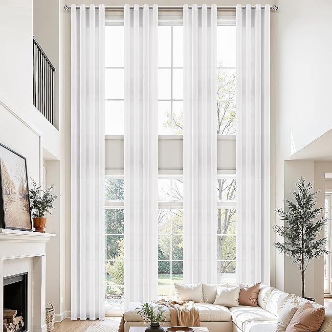 White Linen Curtains 144 Inch Length for Living Room Extra Long 2 Panels Set Grommet Modern Farmhouse Coastal Decor Cotton Textured Sheer Modern Farmhouse Curtain Drapes for High Window 52x144