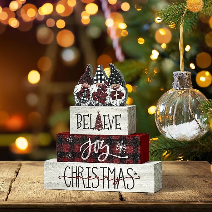 Smile 4 Pcs Christmas Indoor Decoration Wooden Sign, Tabletop Decor Gnome Believe Joy Christmas, Ornaments for Home Shelf Mantel Fireplace.