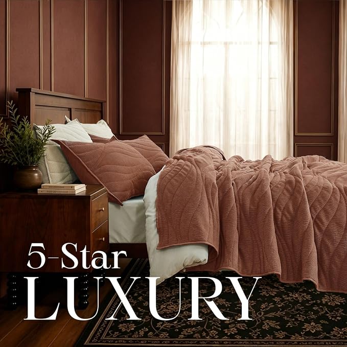 DOWN HOME Crinkle Textured Velvet Quilt Set with Shams, All-Season Luxury Modern Bedding,Easy Care Comforter,Ultra-Soft,Lightweight & Breathable, Queen, Rosewood Brown