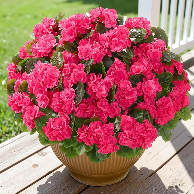 Alupssuc 12 Bundles Artificial Flowers for Outdoors Decoration Silk Geranium, UV Resistant Artificial Outdoor Fake Plants, Faux Flowers for Home Kitchen Table Indoor Outside Spring Decor, DeepPink