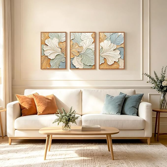 CHDITB 3D Impasto Textured Ginkgo Leaf Relief Framed Canvas Wall Art Set, Neutral Earth Tone Pastel Minimalist Wall Decor, Modern Art Prints for Living Room Hallway Bedroom Home Decor 16"x24"x3