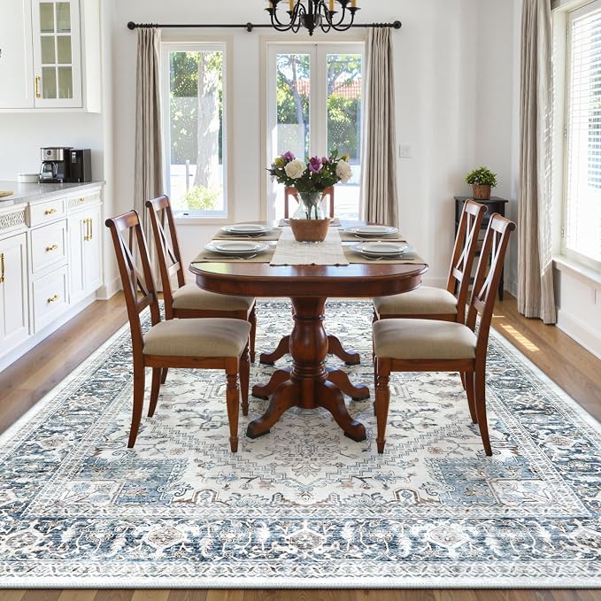 LIVEBOX Washable Area Rug 8x10 - Large Blue Vintage Tribal Living Room Rug Oriental for Bedroom, Non-Slip Retro Medallion Carpet Print Distressed for Dining Room Guest Office