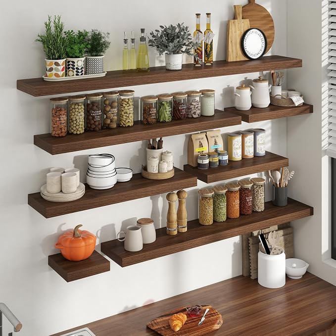 55 Inch Floating Shelves for Wall, 8 Inch Deep Floating Shelf for Storage & Display, Rustic Wall Mounted Shelf with Invisible Brackets for Living Room, Kitchen, Bathroom, Home Decor, Set of 2, Walnut