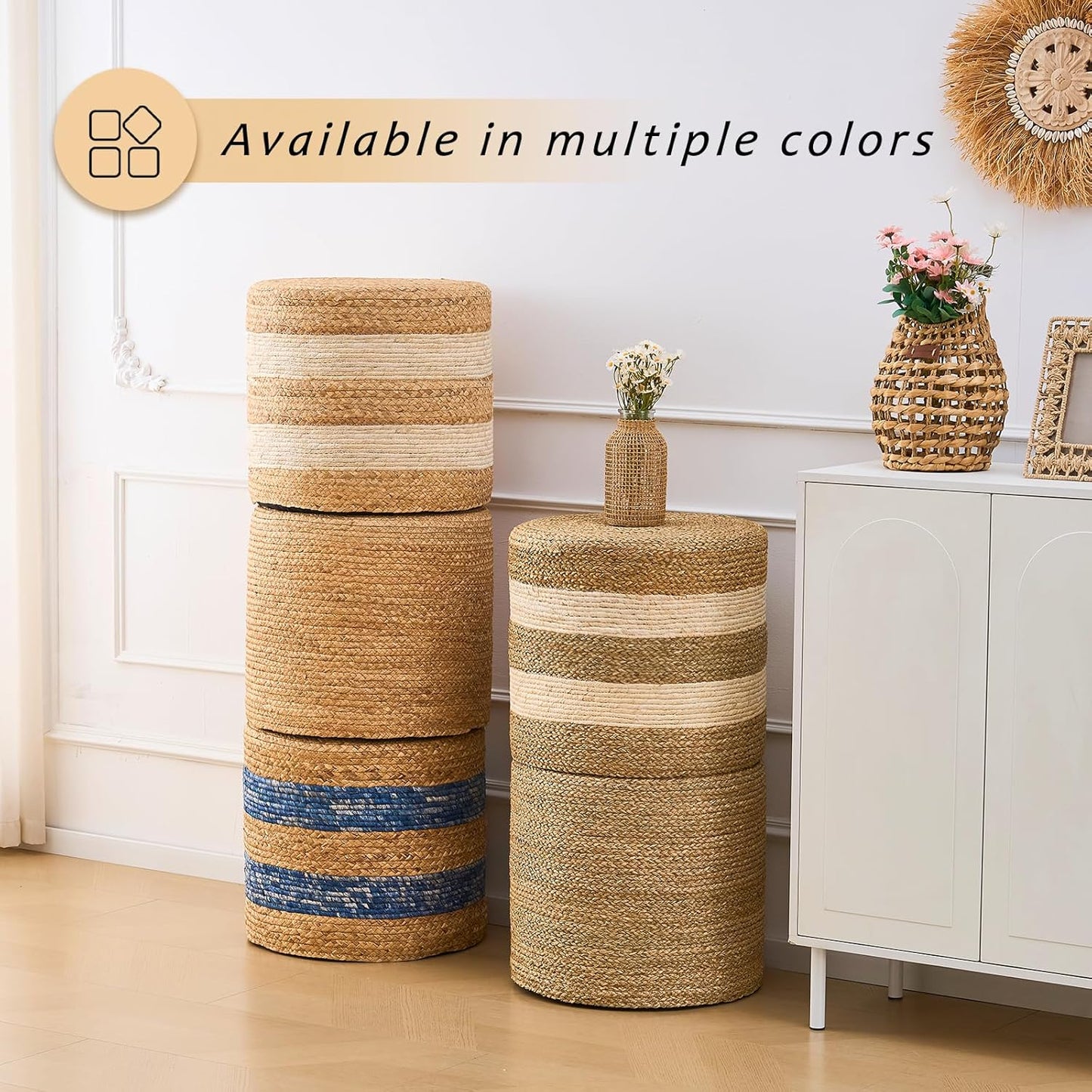 Handwoven Ottoman Pouf, Natural Water Hyacinth Footstool, Round Braided Outdoor Seat with Sturdy Frame, Boho Accent Stool for Patio, Balcony, or Garden (Natural)