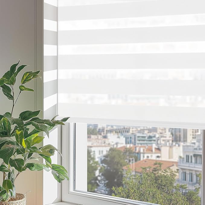 ChrisDowa Cordless Zebra Blinds for Windows, Dual Layer Free-Stop Light Filtering Window Roller Shades, Pull Down Privacy Zebra Shades for Home, Office, Bedroom, Door (59" W x 72" H, White)