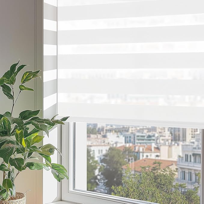 ChrisDowa Cordless Zebra Blinds for Windows, Dual Layer Free-Stop Light Filtering Window Roller Shades, Pull Down Privacy Zebra Shades for Home, Office, Bedroom, Door (40" W x 72" H, White)