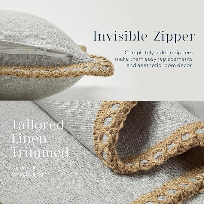 Phantoscope Pack of 2 Farmhouse Decorative Throw Decorative Pillow Cover Burlap Linen Trimmed Tailored Edges, Flax Gray, 12 x 20 inches, 30 x 50 cm