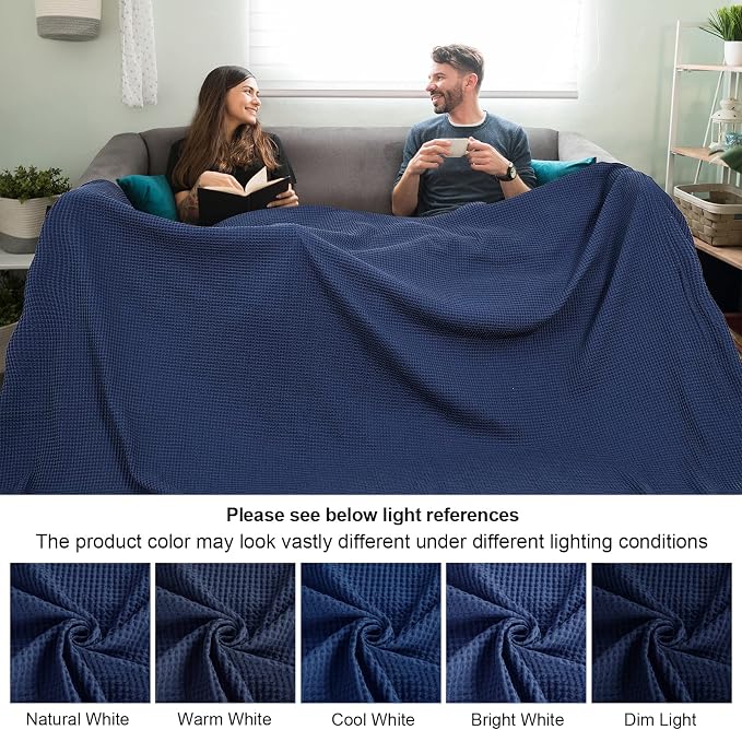 PHF 100% Cotton Waffle Weave Family Blanket Oversized King 120"*120", Pre-Washed Lightweight Breathable, Machine Washable,10'x 10' Huge Extra Large Big, Home Decoration Gift - Navy Blue/Bright Blue
