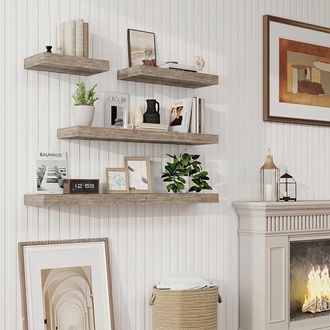 Marsmiles 55in Floating Shelves for Wall, 55" W x 9.25" D x 1.5" H, Long Wall Mounted Engineered Wood Shelves with Invisible Brackets for Living Room, Bedroom, Bathroom, Kitchen, Grey, 2Pcs