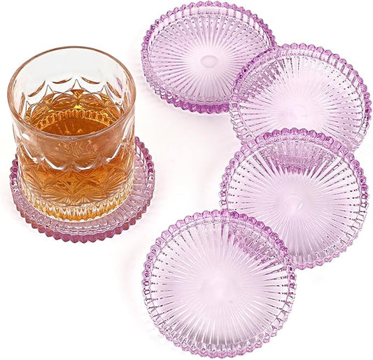 Modern Clear Coaster Set of 5- Glass Coasters for Drinks Crystal Coaster Round Cup Coasters Coffee Table Decor for Office, Kitchen, Bar, Dining Room, Living Room, Patio(Clear Purple)