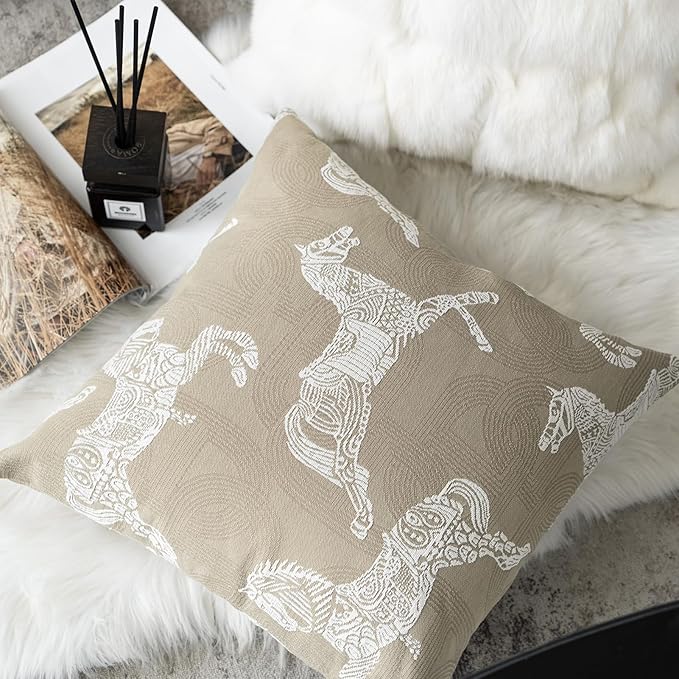 Croker Horse 18x18'' Inches Throw Pillow Cushion Cover - Horse Pattern Jacquard Craft Luxury Modern Fashion Style Couch Sofa Pillow Covers for Bedroom Living Room