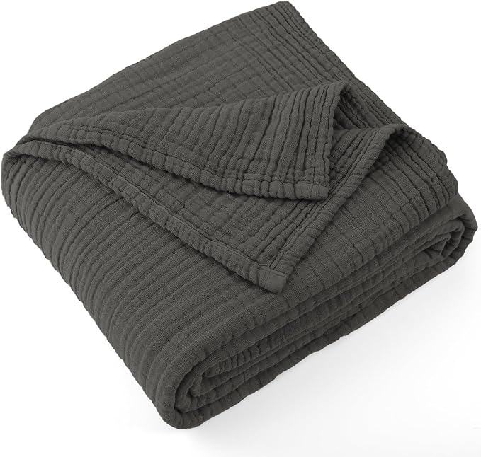 Carriediosa 100% Cotton Muslin Throw Blanket 108" X 90" King Size，4-Layers Summer Gauze Throws for Bed Couch，Soft Lightweight Breathable Linen Blankets Bedspread for Adults All Season，Dark Gery
