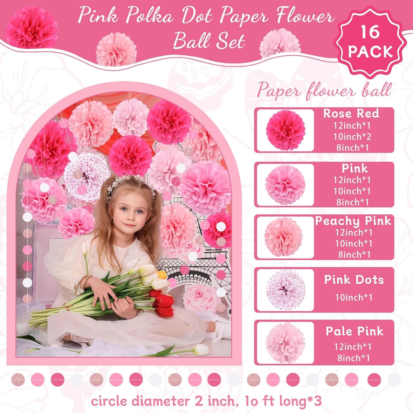 Pink Party Decorations,16 PCS Tissue Paper Pom Poms Dots Paper Garland Hanging Decoration for Pink Theme Birthday Decorations Bridal Shower Wedding Engagement Gender Reveal Celebration