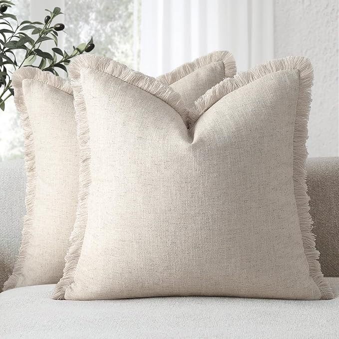 ZWJD Pillow Covers 26x26 Set of 2 Throw Pillow Covers with Fringe Chic Cotton Euro Shams Square Cushion Covers for Couch Sofa Bed Living Room Farmhouse Boho Decor, Natural Beige