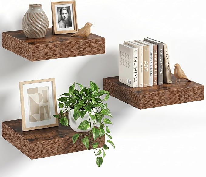 8" Long x 8" Deep Floating Shelves for Wall, Set of 3, 1.5" Thick, Brown | Rustic Wood Wall Shelves with Invisible Brackets, Storage and Display for Bathroom, Bedroom, Living Room or Kitchen