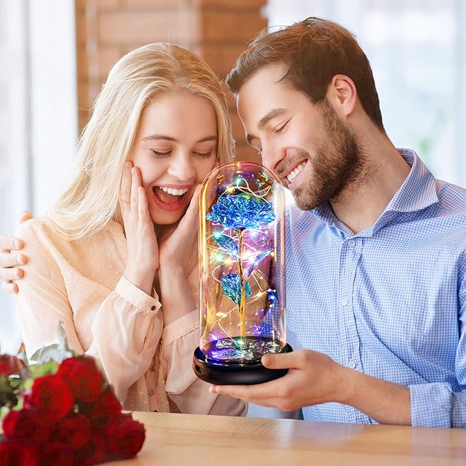 Mothers Day Flowers Gifts for Mom Women Birthday Gift Rechargeable Galaxy Glass Rose in Glass Dome Forever Crystal Eternal Rose Anniversary Mothers Day Roses Gifts for Daughter Wife Women Grandma Blue