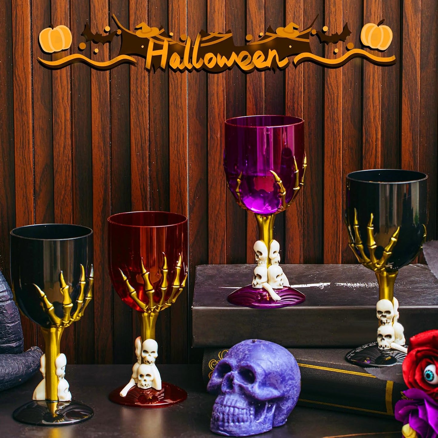 Sliner 24 Pcs Halloween Goblets Skull Wine 10 oz Claw Chalices Medieval Gothic 3D Skull Plastic Goblets Skeleton Hand Drinking Cup for Creepy Spooky Halloween Decorations Party Favor Bar KTV