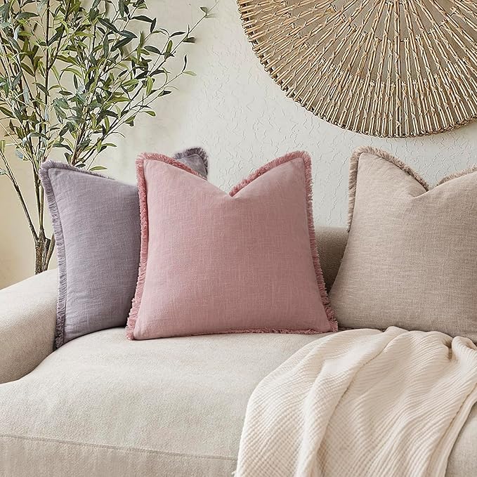 Foindtower Set of 2 Decorative Linen Fringe Throw Pillow Covers Cozy Boho Farmhouse Cushion Cover with Tassels Soft Accent Pillowcase for Couch Sofa Bed Living Room Home Decor,18×18 Inch,Rose Pink