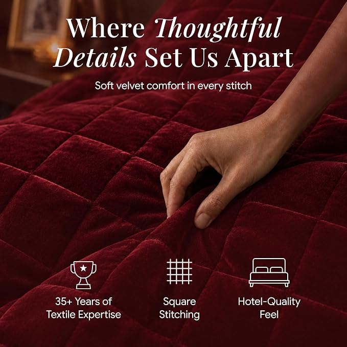Tribeca Living Luxury Velvet Quilt Queen Size Set - 260GSM Ultra-Soft Oversized Velvet Bedspread Comforter Set with 2 Shams, in Florence Burgundy