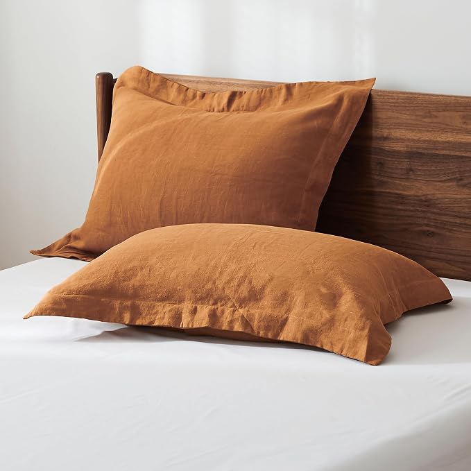 100% French Linen Pillow Shams Basic Style - Pack of 2 - Washed Solid Color Natural Flax Soft Breathable - Rust, 20'' x 36''