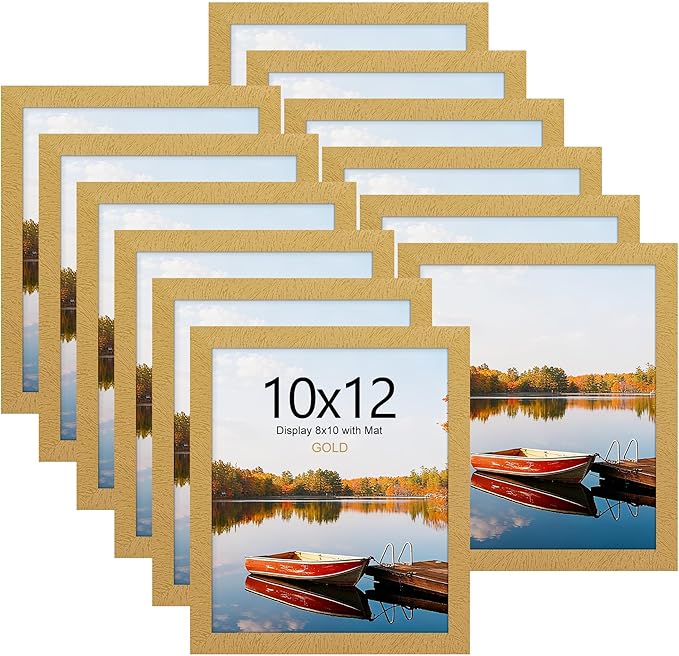 Picrit 10x12 Picture Frame Set of 12, Display 8x10 with Mat or 10x12 Without Mat, Photo Frames for Wall Mounting or Table Top Display, Gold