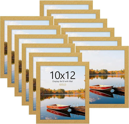 Picrit 10x12 Picture Frame Set of 12, Display 8x10 with Mat or 10x12 Without Mat, Photo Frames for Wall Mounting or Table Top Display, Gold