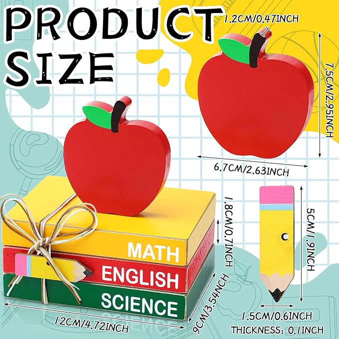 Pinkunn 4 Pcs Back to School Table Decorations Wooden Apple Prop Book Stack Decor for Classroom First Day of School Centerpiece Desktop Tiered Tray for Teacher Office Desk Shelf