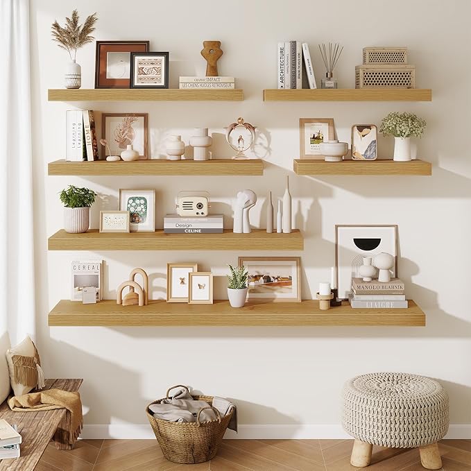 Fun Memories Wood Floating Shelves 20 Inch, 12 Inch Deep Shelves Wall Mount, Wall Shelves with Invisible Bracket, 20" Floating Shelves for Living Room Bathroom Bedroom, Oak, Set of 2