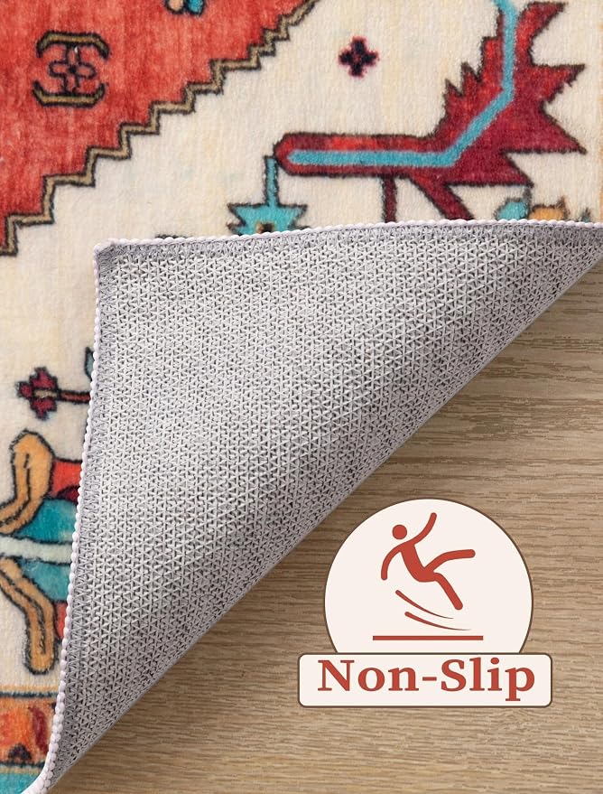SERISSA Runner Rug for Hallways, 3x12 Washable Non Slip Kitchen Runner Rug, Extra Long Boho Rug Ultra Soft Vintage Orange Print Floor Carpet for Bedroom Hallway Entryway Bathroom Laundry Room