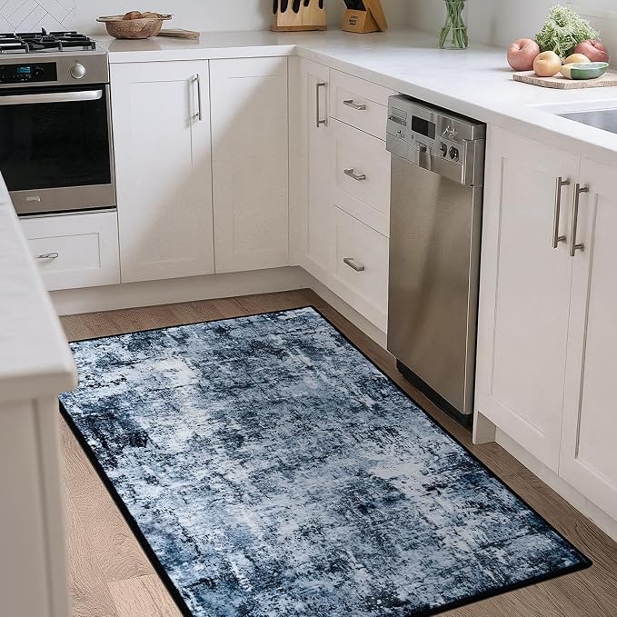 Rugflix 3x4 Entrance Rugs, Entry Rug Washable Non-Slip Stain-Resistant Low Pile Small Modern Dark Carpet, for Living Room Bedroom Indoor, Navy Blue/Black