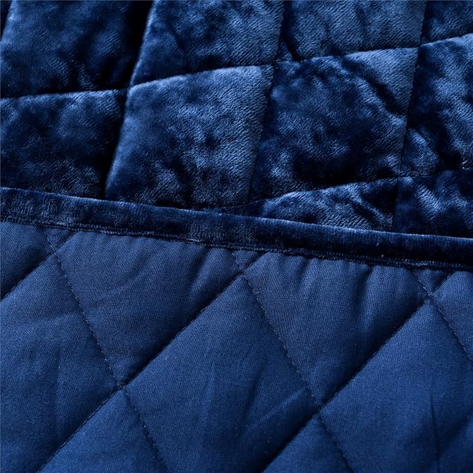 Fredsure Distressed Velvet Quilt Set, 3 Pieces Navy King, Distressed Velvet Face and Brushed Microfiber Reverse with Diamond Quilting