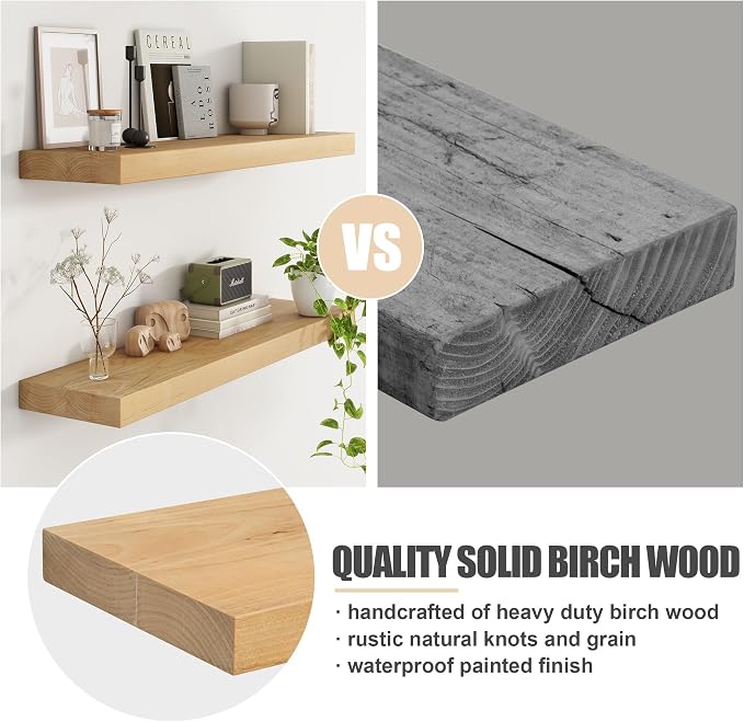 Floating Shelves for Wall, USA-Sourced Brich Wood 30 Inch Wall Shelves Set of 2, Natural Wooden Mounted Picture Ledge Shelf, Nursery Book Storage Shelf Kids Bookshelf Display, Shelf for Bathroom