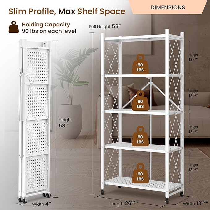 Our Modern Space 5-Tier Foldable Storage Shelf with Wheels | Metal Rack Collapsible Shelving Display | Rolling Cart for Books Kitchen Storage Shelves | Pantry & Closet Organizer | Office Room Decor