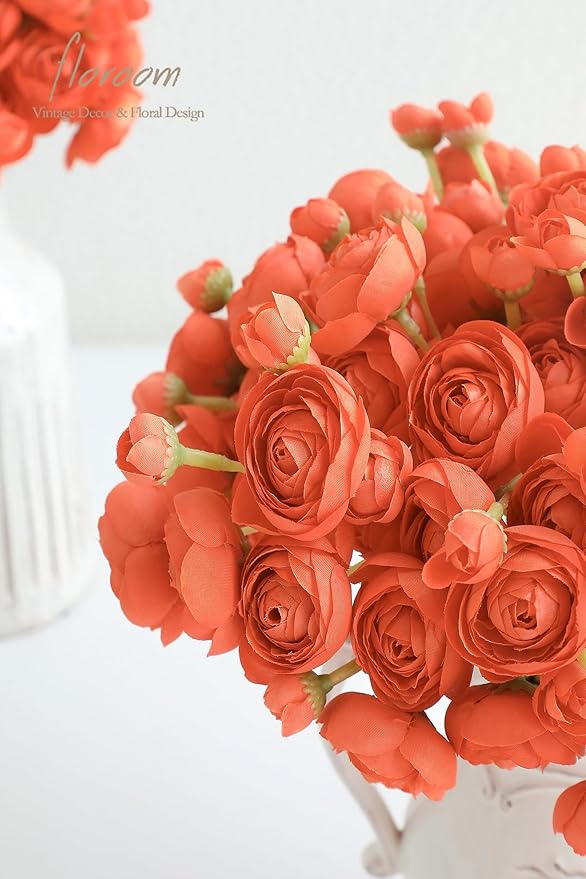 Floroom Ranunculus Artificial Flowers 18 Pcs Burnt Orange Faux Silk Mini Ranunculus Bulk Fake Wedding Filler Flowers for DIY Bouquets, Centerpieces, Bridal Shower Decorations & Arrangements