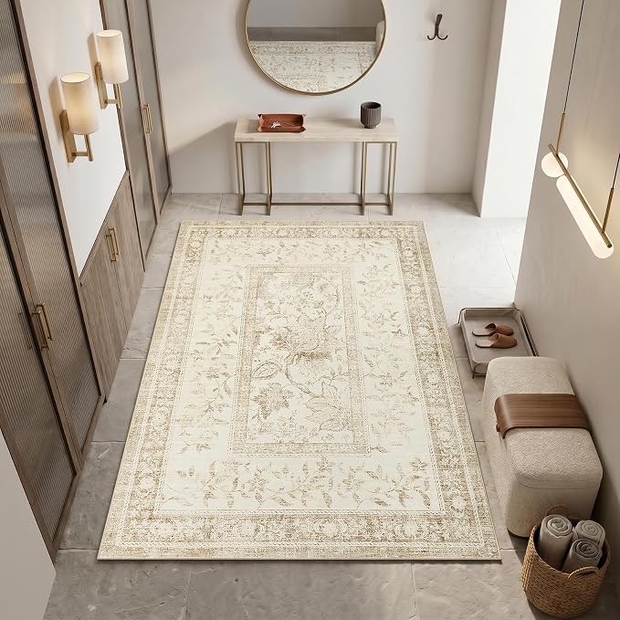 GarveeHome Vintage Beige Washable 3x5 Rug Cottage Core Retro Farmhouse Low-Pile Stain Resistant Non-Slip Rugs for Bedroom Living Room Entryway Nursery Kitchen TPE Backing