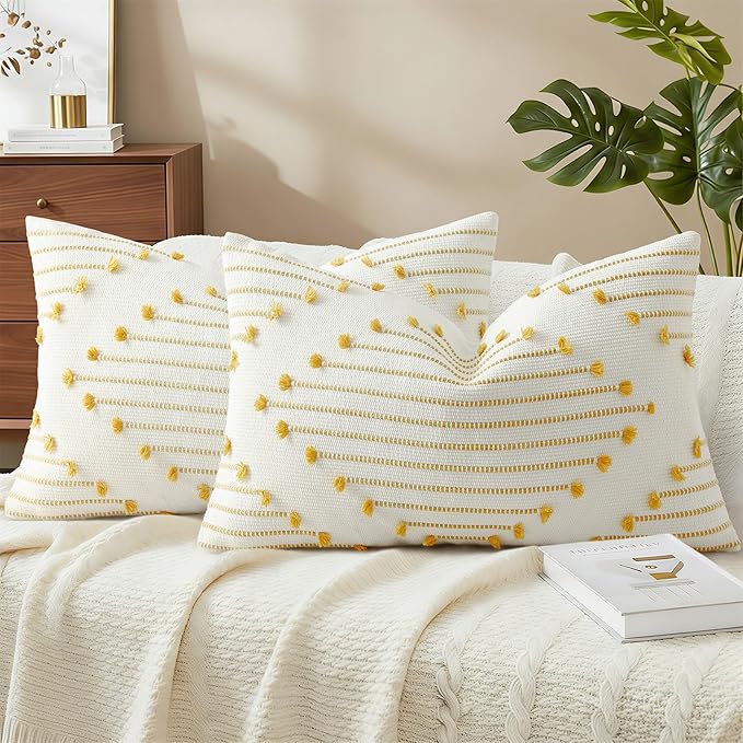 Mecatny Boho Outdoor Throw Pillow Covers 12X20 Set of 2, Farmhouse Lumbar Pillow Covers for Couch Sofa Living Room, Yellow & White