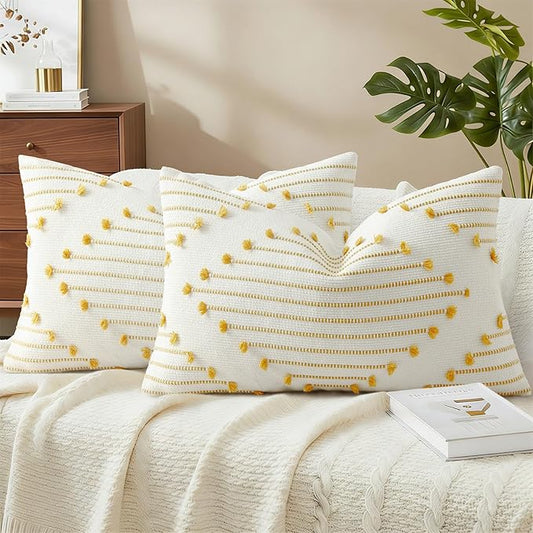 Mecatny Boho Outdoor Throw Pillow Covers 12X20 Set of 2, Farmhouse Lumbar Pillow Covers for Couch Sofa Living Room, Yellow & White