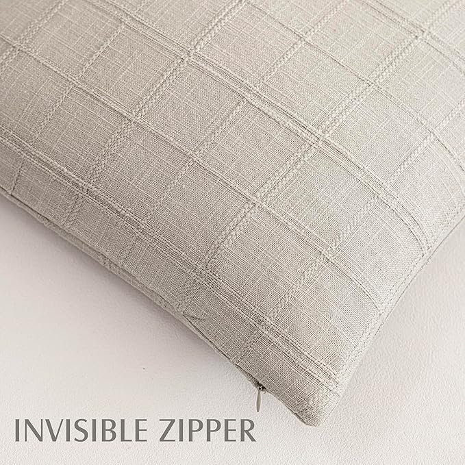 Foindtower Set of 2 Decorative Linen Check Throw Pillow Covers Neutral Farmhouse Vintage Cushion Covers Modern Boho Accent Home Decor for Sofa Chair Couch Bedroom Living Room,26×26 Inch,Light Grey