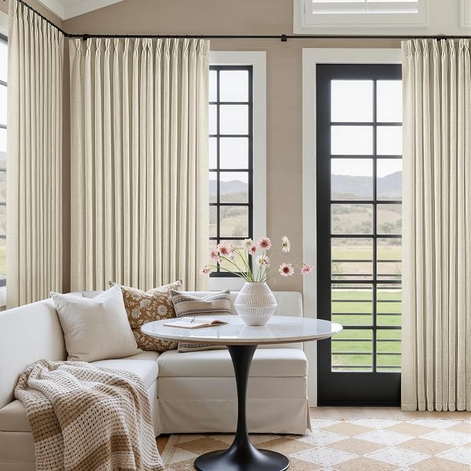 Extra Wide Pinch Pleat Curtains96 Inch Long 100 Inch Wide Beige Linen for Living Room Light Filtering Semi Sheer Pleated Curtains for Patio Glass Sliding Door Bedroom Large Window 100x96 1 Panel