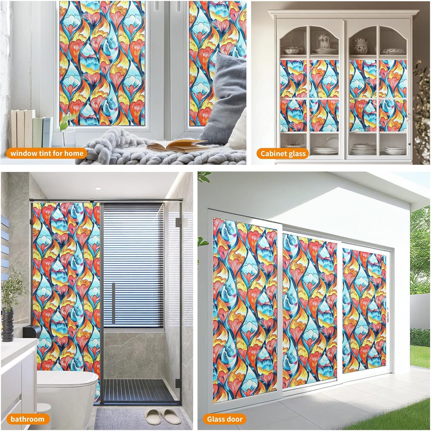 Window Privacy Film Stained Glass Decorative Static Clings Frosted Window Tint for Home Room Decor Bathroom Door Car Stickers with Glittering Effect, Removable(Tulip)