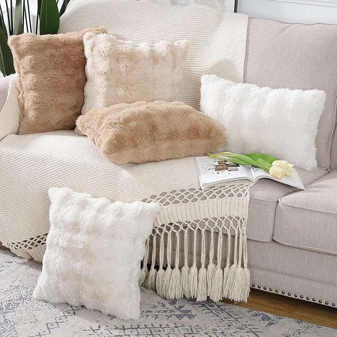 MADIZZ Pack of 2 Thick Plush Faux Wool Throw Pillow Covers Soft Boho Throw Pillows Luxurious Cushion Covers for Couch Sofa Bedroom Living Room Home Decor 20x20 Inch Beige