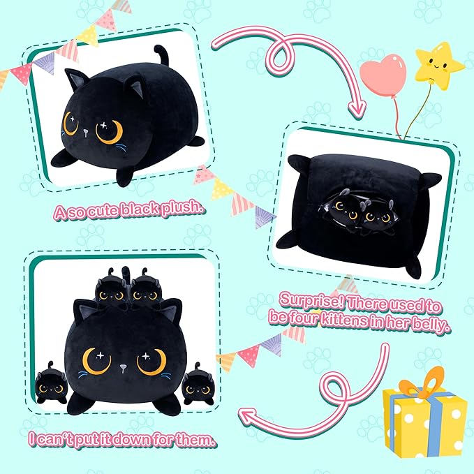 Black Cat Plush Cute Cat Stuffed Animal with 4 Baby Soft Pillow Christmas, Thanksgiving, Birthday Gift for Girls Boys Kids Decor