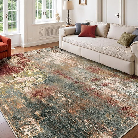 RELEANY Washable Area Rugs 6'x8' Non-Slip Modern Abstract Soft for Living Room Entryway Bedroom Nursery, Print Pattern, Brown Rust Red Green Blue Multi