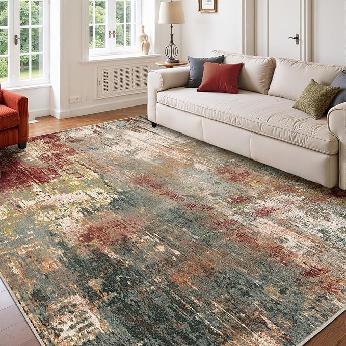 RELEANY Washable Area Rugs 5'x8' Non-Slip Modern Abstract Soft for Living Room Entryway Bedroom Nursery, Print Pattern, Brown Rust Red Green Blue Multi