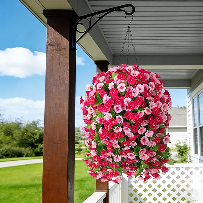 INXUGAO Artificial Flowers with Hanging Basket, Outdoor Faux Plants Silk Morning Glory Vines, Fake Green Arrangement for Garden Patio Spring Summer Decor(4pcs,Hot Pink)