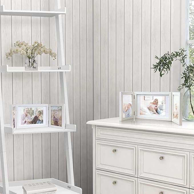 Afuly 3 Picture Frame 5x7 4x6 Triple Hinged Picture Frames White Folding Photo Frames Collage 3 Opening for Tabletop Desk Display Unique Gifts for Christmas Women Mom Couple Family, 2 * 4x6+1 * 5x7