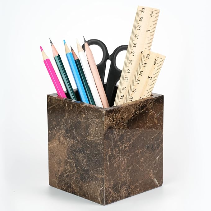 Marble Makeup Brush Holder - Brown Candle Toothbrush Cup for Bathroom Accessories, Decorative Pencil Organizer for Office Desk Aesthetic, Stone Utensil Container for Kitchen Countertop